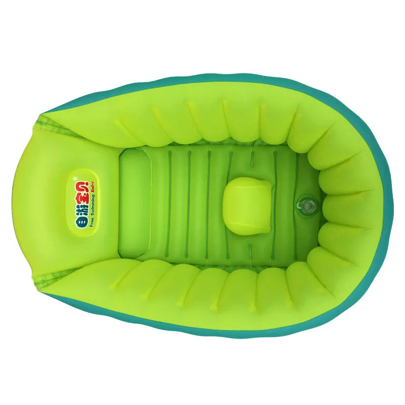 Inflatable baby bath tub in blue with central air column and rectangular design