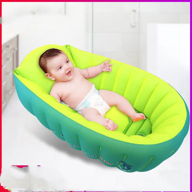 Inflatable baby bath tub in blue with central air column and rectangular design