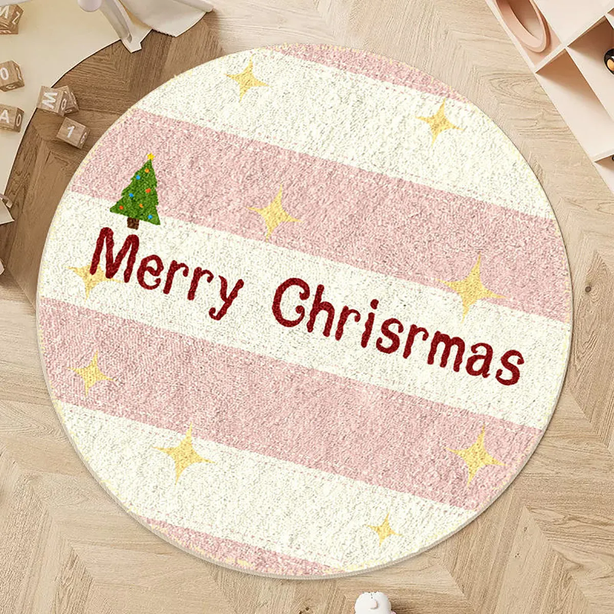 Christmas round carpet with alien shape in imitation cashmere, showing gingerbread man and holiday colour patterns