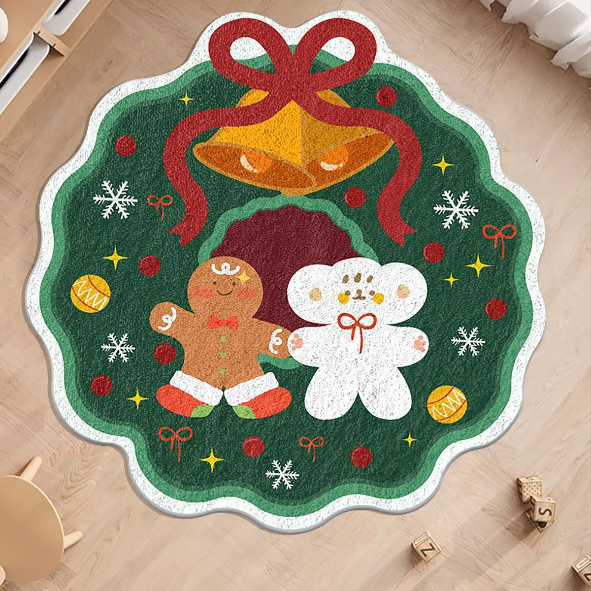 Christmas round carpet with alien shape in imitation cashmere, showing gingerbread man and holiday colour patterns