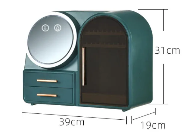 Plastic cosmetics storage rack with LED mirror and fan in milky white colour, 35L capacity for makeup organisation