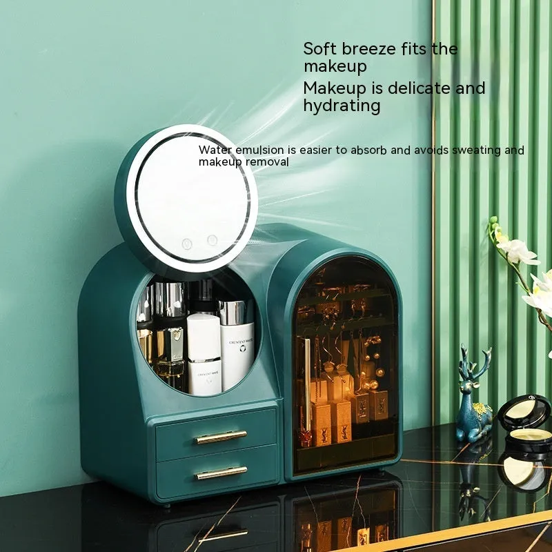 Plastic cosmetics storage rack with LED mirror and fan in milky white colour, 35L capacity for makeup organisation