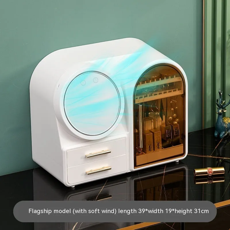 Plastic cosmetics storage rack with LED mirror and fan in milky white colour, 35L capacity for makeup organisation