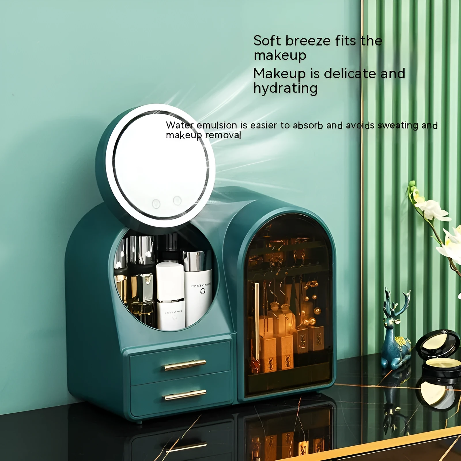 Plastic cosmetics storage rack with LED mirror and fan in milky white colour, 35L capacity for makeup organisation