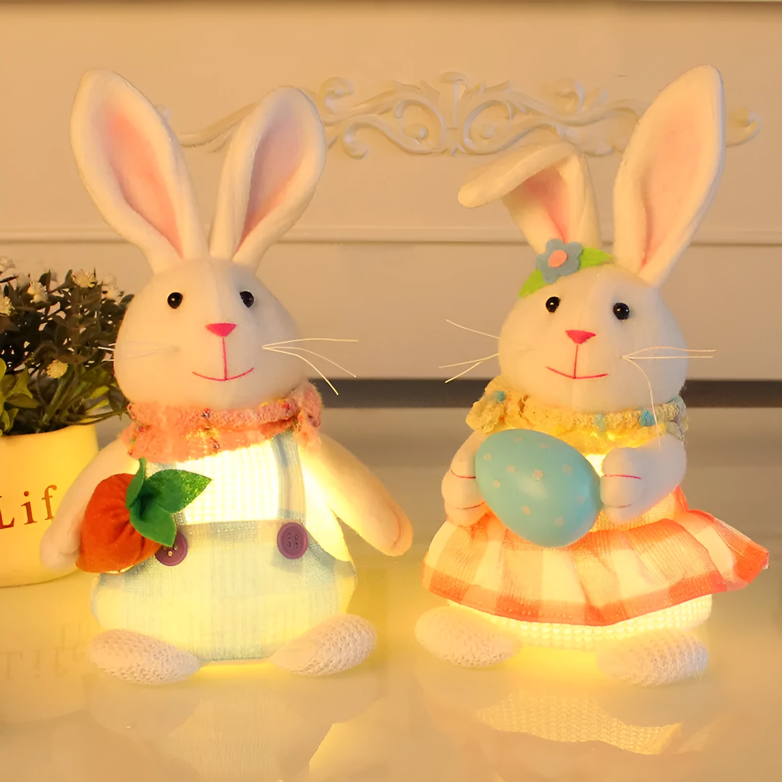 Easter cartoon rabbit tabletop decoration with egg-holding design, luminous cloth finish, 11x11x24cm