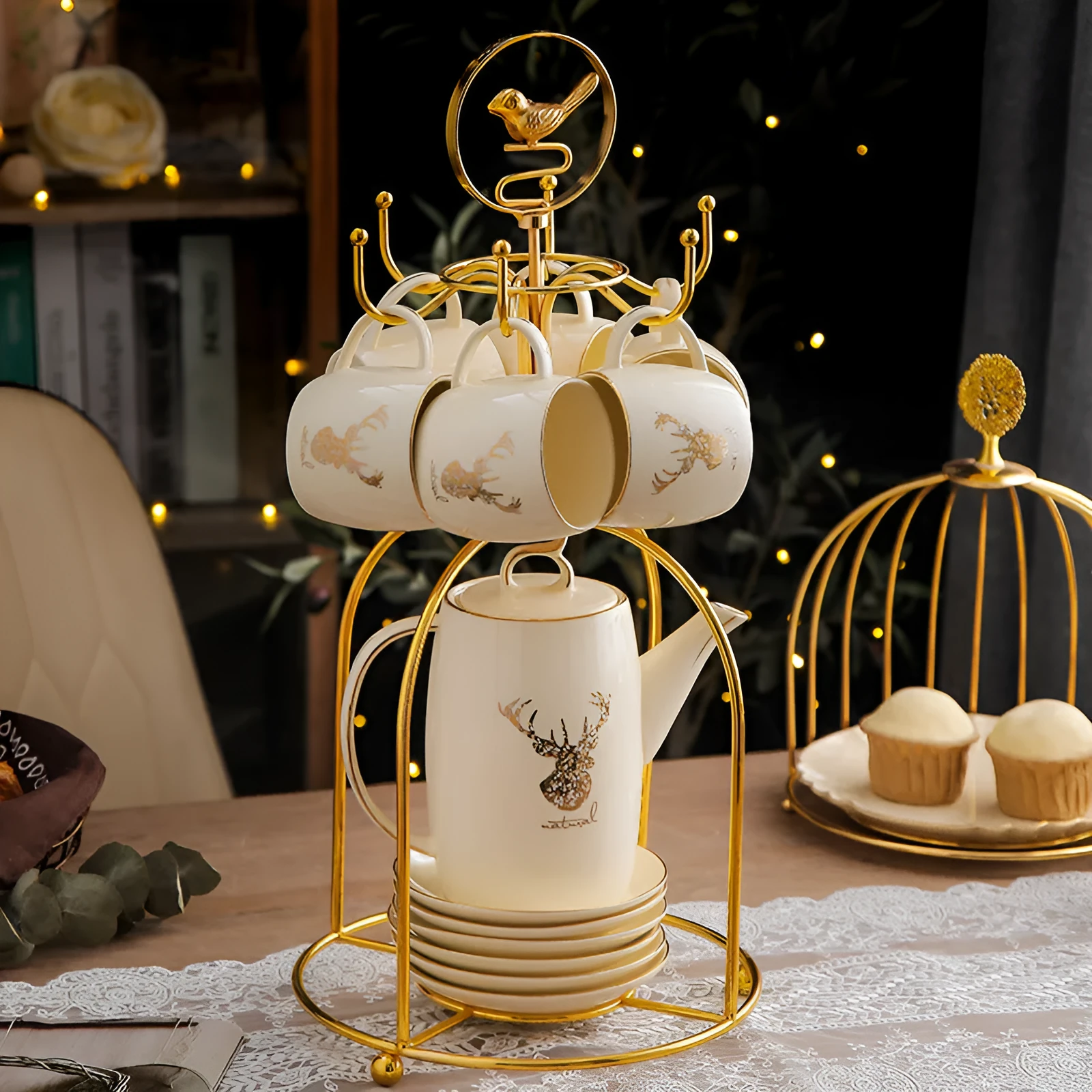 Elk bird stand 13 piece Chinese style tea set with teapot and cups for six people, colour Elk bird frame
