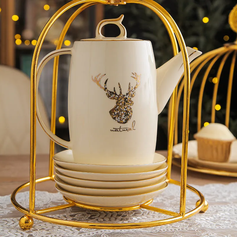 Elk bird stand 13 piece Chinese style tea set with teapot and cups for six people, colour Elk bird frame