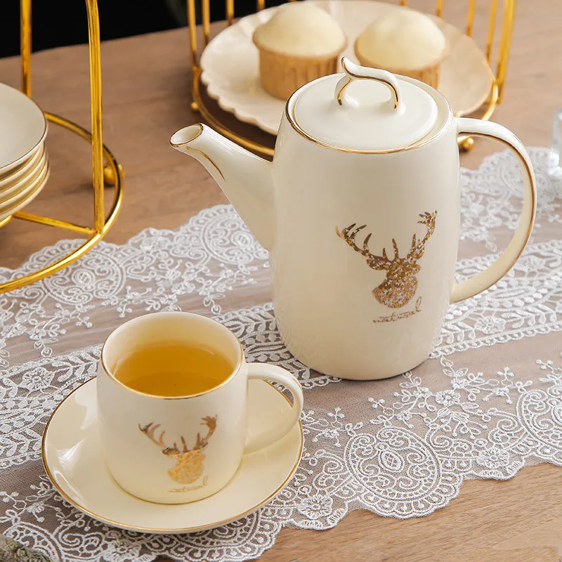 Elk bird stand 13 piece Chinese style tea set with teapot and cups for six people, colour Elk bird frame