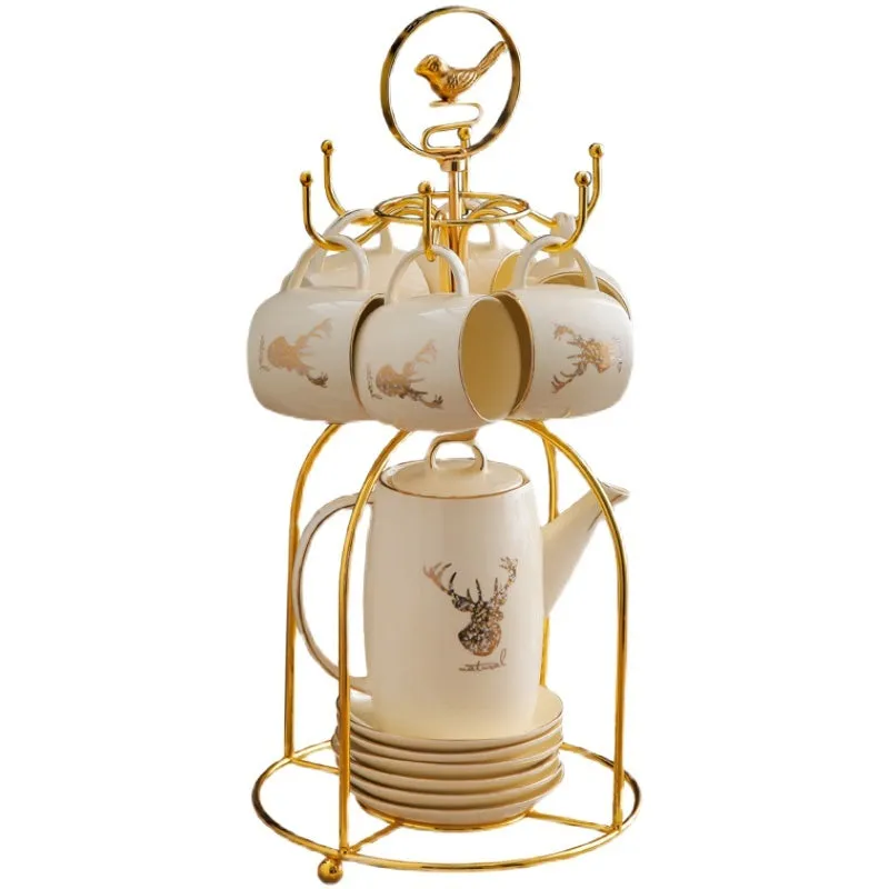 Elk bird stand 13 piece Chinese style tea set with teapot and cups for six people, colour Elk bird frame