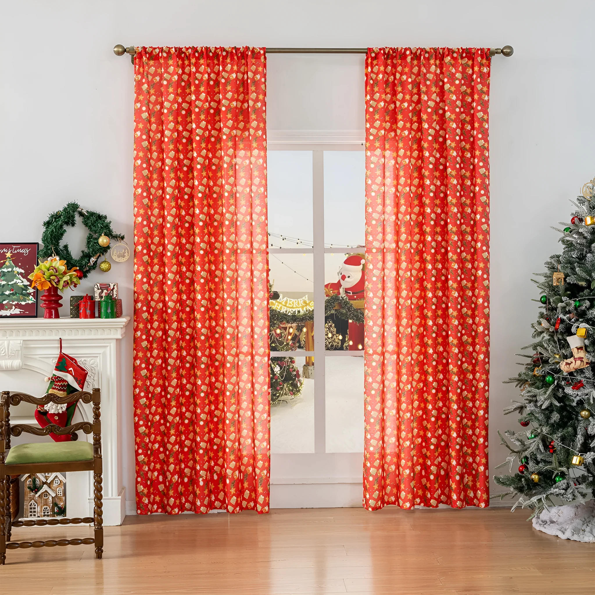 Green Christmas curtain with printed snowman angel cartoon pattern for living room decoration