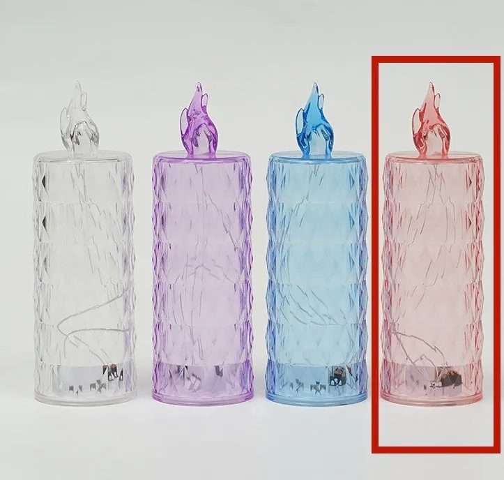 LED electronic candle lamp in ABS plastic with diamond style pattern, transparent colour, shown with base