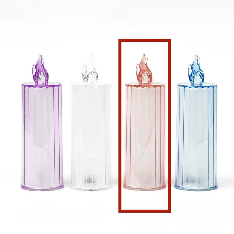 LED electronic candle lamp in ABS plastic with diamond style pattern, transparent colour, shown with base