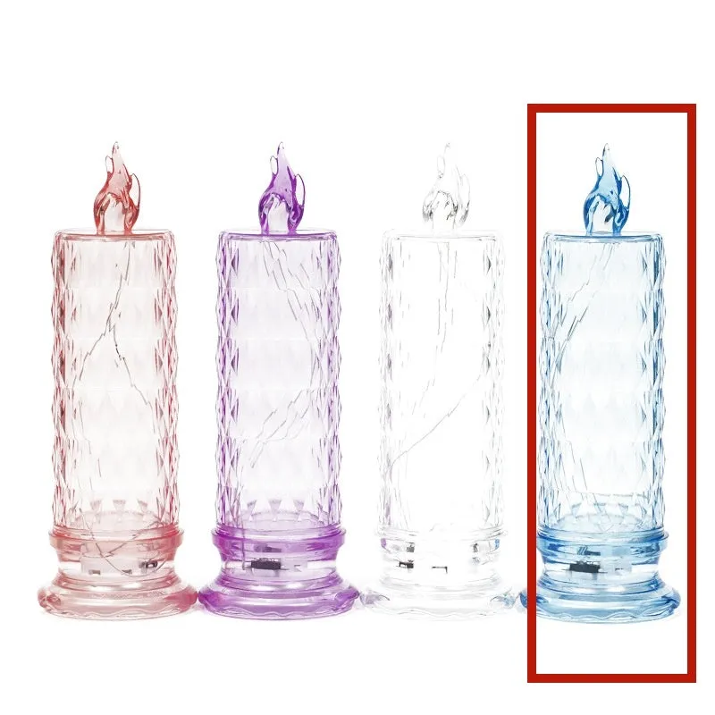 LED electronic candle lamp in ABS plastic with diamond style pattern, transparent colour, shown with base