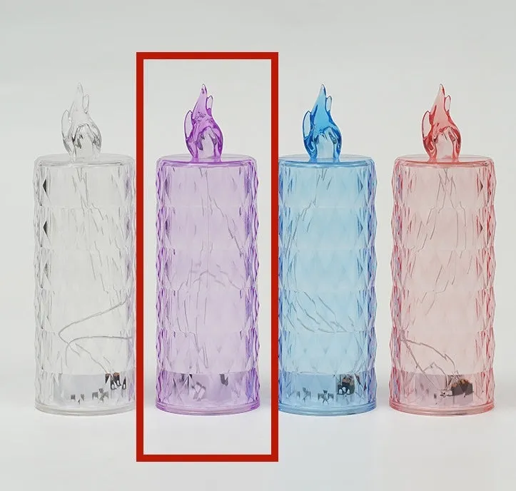 LED electronic candle lamp in ABS plastic with diamond style pattern, transparent colour, shown with base