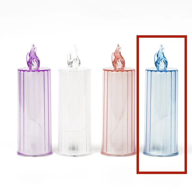 LED electronic candle lamp in ABS plastic with diamond style pattern, transparent colour, shown with base