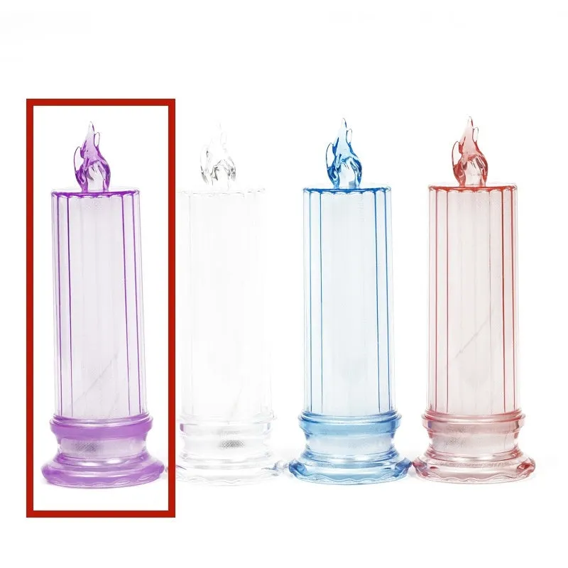 LED electronic candle lamp in ABS plastic with diamond style pattern, transparent colour, shown with base