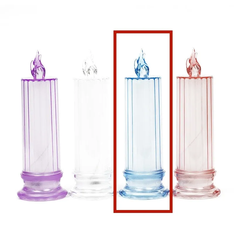 LED electronic candle lamp in ABS plastic with diamond style pattern, transparent colour, shown with base