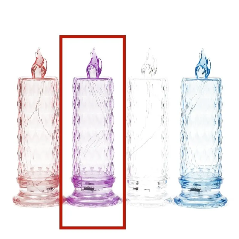 LED electronic candle lamp in ABS plastic with diamond style pattern, transparent colour, shown with base