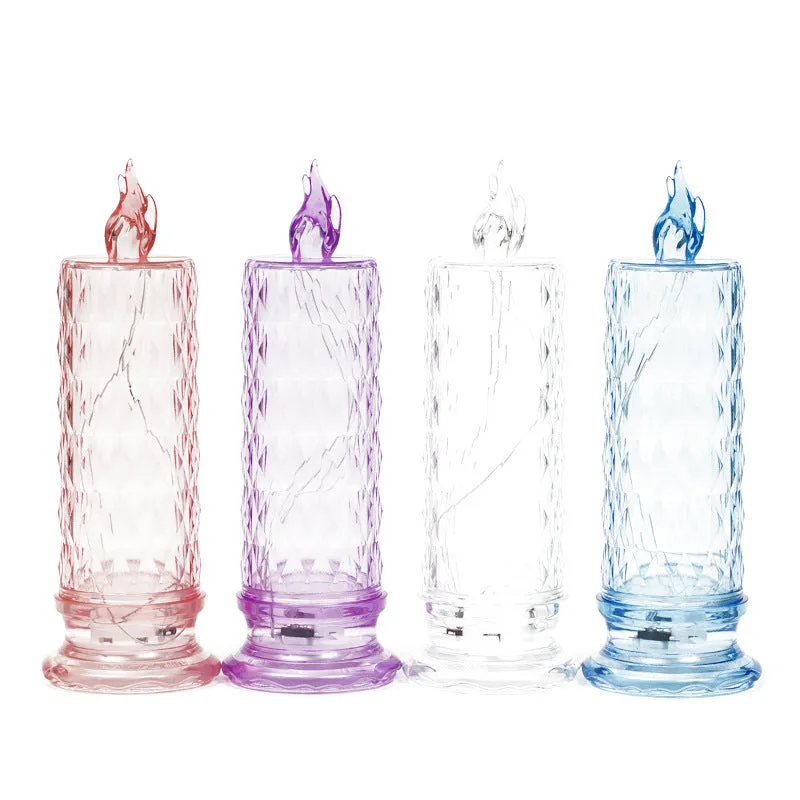 LED electronic candle lamp in ABS plastic with diamond style pattern, transparent colour, shown with base