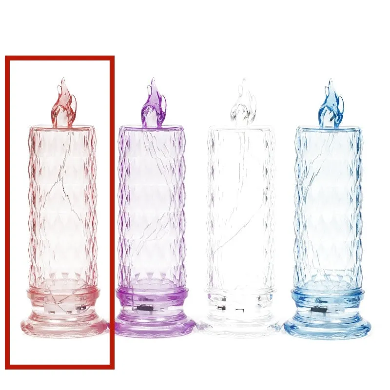LED electronic candle lamp in ABS plastic with diamond style pattern, transparent colour, shown with base
