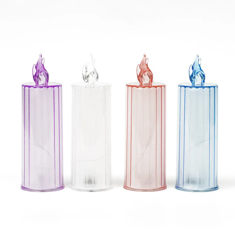 LED electronic candle lamp in ABS plastic with diamond style pattern, transparent colour, shown with base