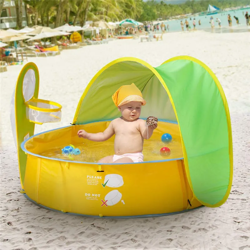 Beach pool tent with UV 50+ silver coated canopy, 102x96x78cm, set up on sand in picture colour
