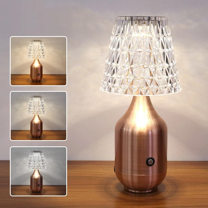 LED charging retro table lamp in black with three-tone light, USB cable, and iron art base