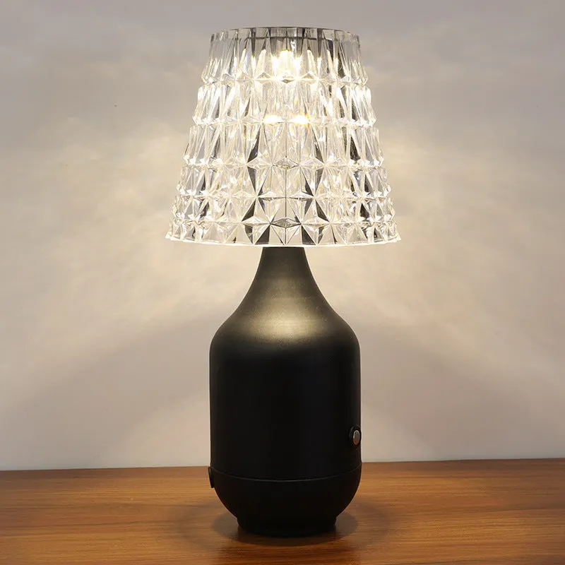 LED charging retro table lamp in black with three-tone light, USB cable, and iron art base