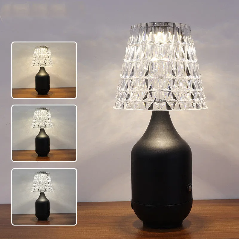 LED charging retro table lamp in black with three-tone light, USB cable, and iron art base
