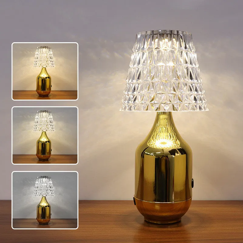LED charging retro table lamp in black with three-tone light, USB cable, and iron art base