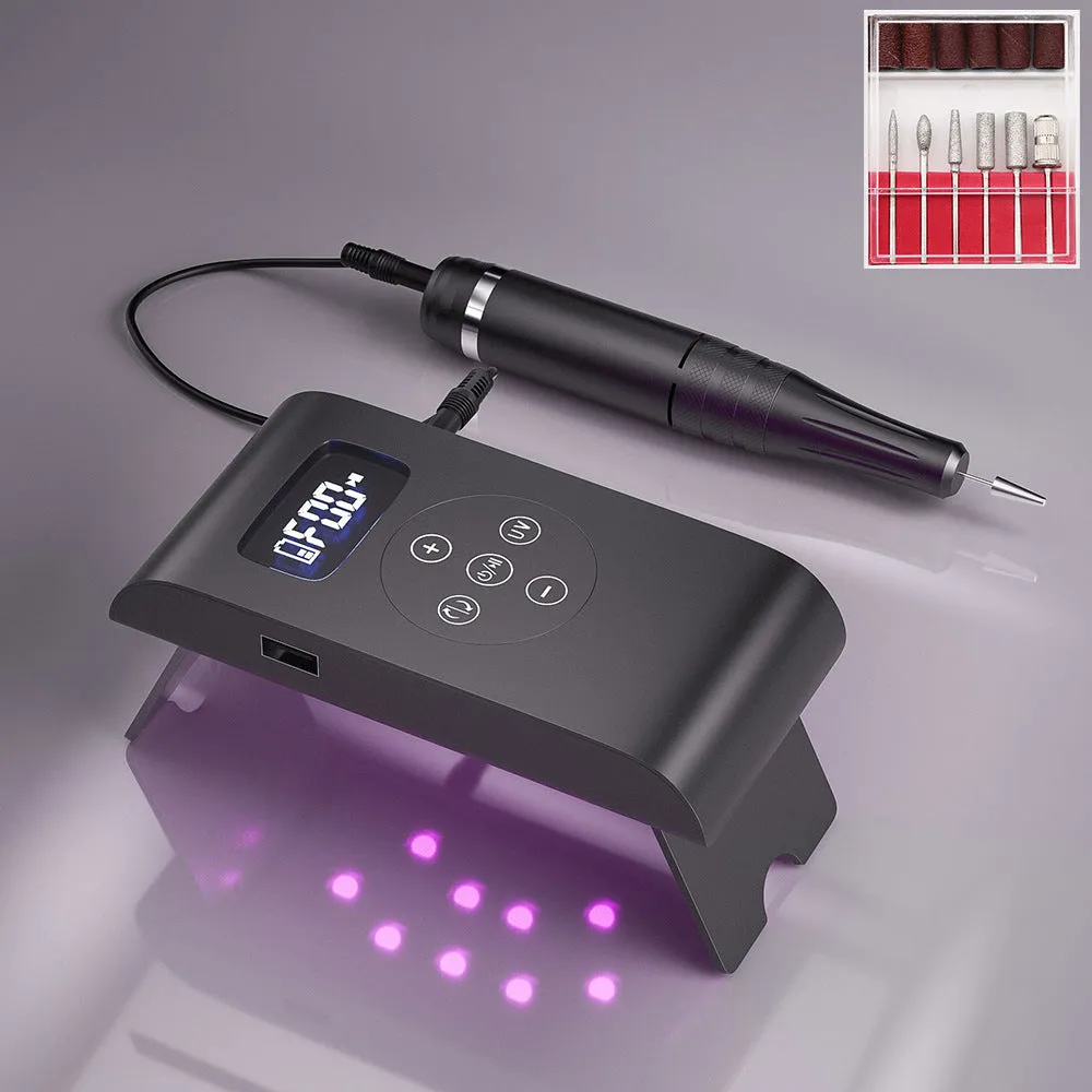 Battery nail polisher with UV lamp, stainless steel body, and 6 nail bits in silver colour