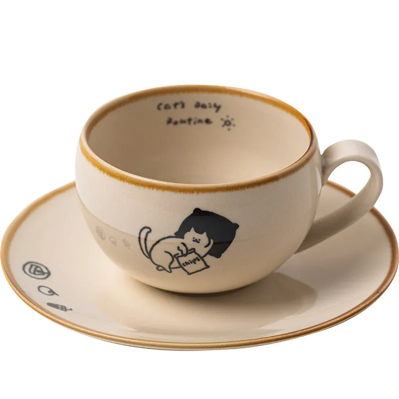 Cute cartoon Japanese cat ceramic coffee cup 250ml with rest illustration on white background