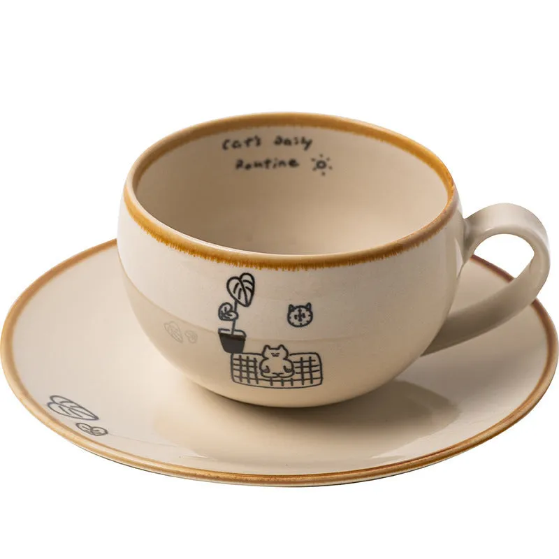 Cute cartoon Japanese cat ceramic coffee cup 250ml with rest illustration on white background
