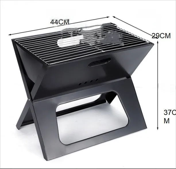 Black folding portable barbecue grill 44x29x37cm with carry handle outdoors