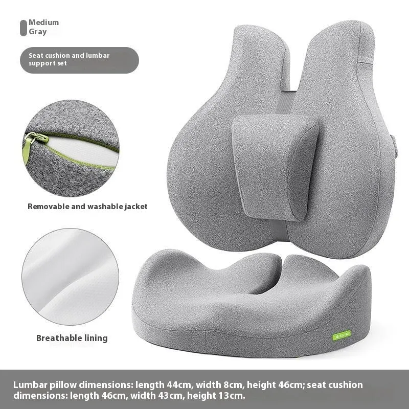 Medium grey cotton waist protection cushion set with adjustable lumbar support for office desk chair