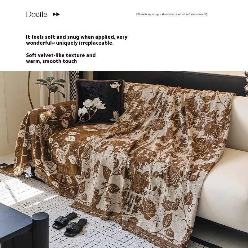 Retro floral chenille sofa cover in beige draped over a sofa, 180cm width, with fabric texture visible