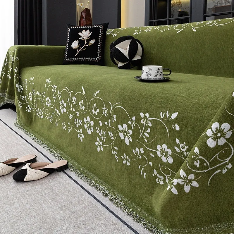 Soft chenille sofa cover with embroidered magnolia floral pattern in garland coffee colour, size 180x230cm