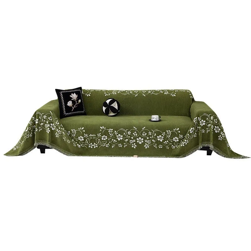 Soft chenille sofa cover with embroidered magnolia floral pattern in garland coffee colour, size 180x230cm