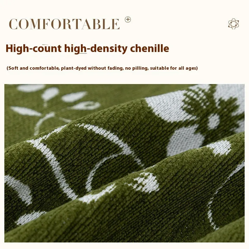 Soft chenille sofa cover with embroidered magnolia floral pattern in garland coffee colour, size 180x230cm