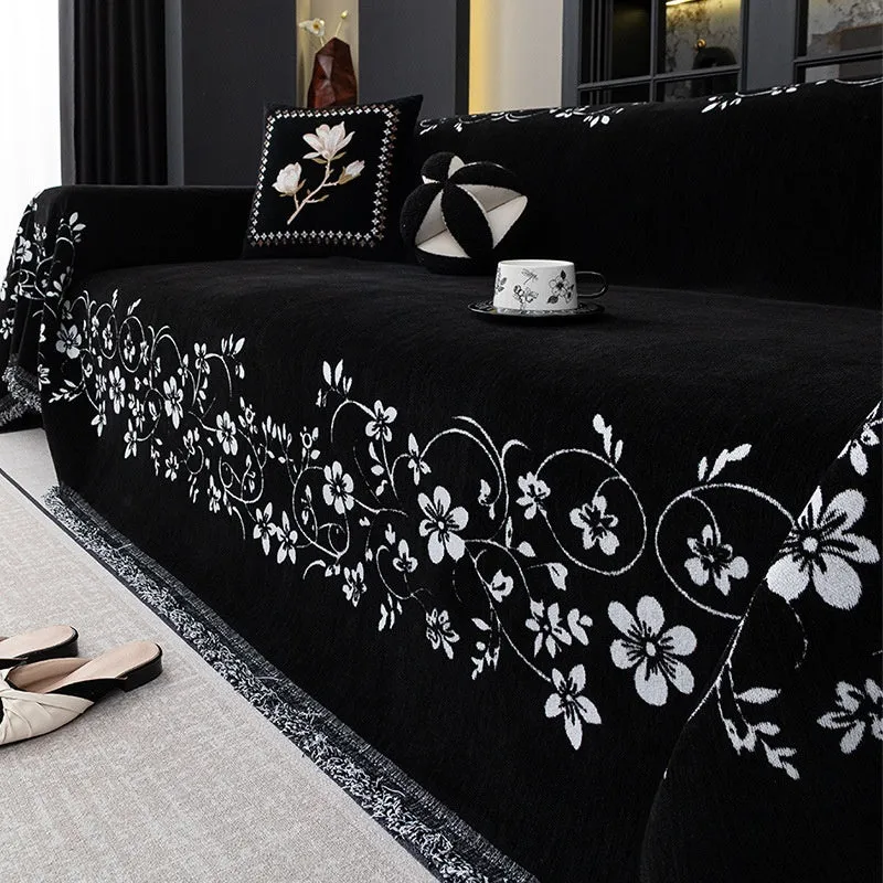 Soft chenille sofa cover with embroidered magnolia floral pattern in garland coffee colour, size 180x230cm