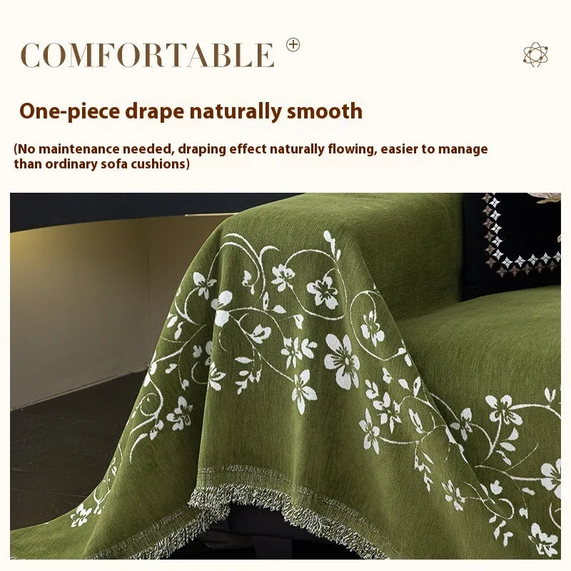 Soft chenille sofa cover with embroidered magnolia floral pattern in garland coffee colour, size 180x230cm