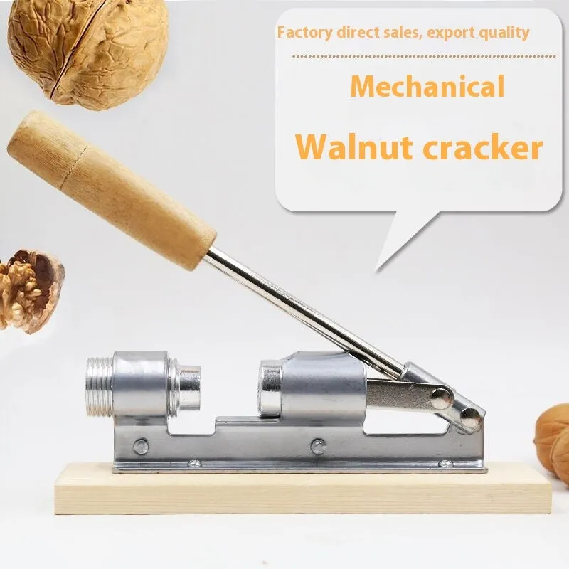 Mechanical walnut cracker with wood board and aluminium parts in irregular style