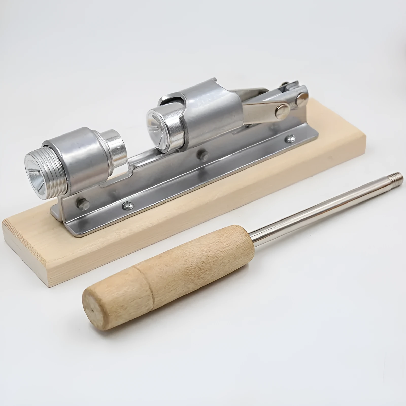Mechanical walnut cracker with wood board and aluminium parts in irregular style