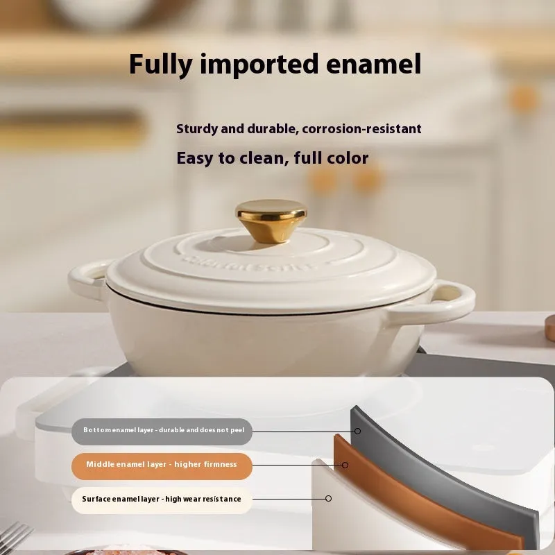 Cream white cast iron soup stew pot with cast iron lid and enamel finish, 24cm diameter