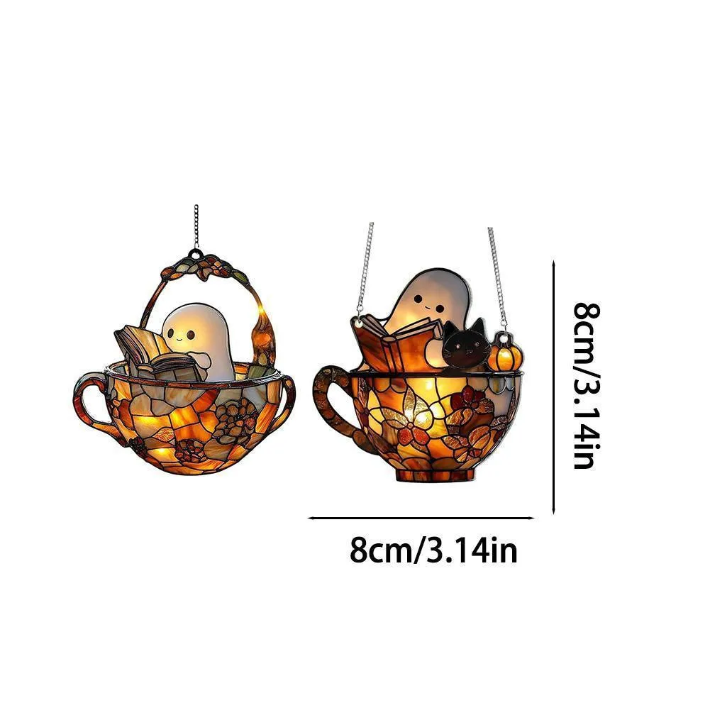 Acrylic ghost reading book suncatcher pendant in American style, available in three ghost designs