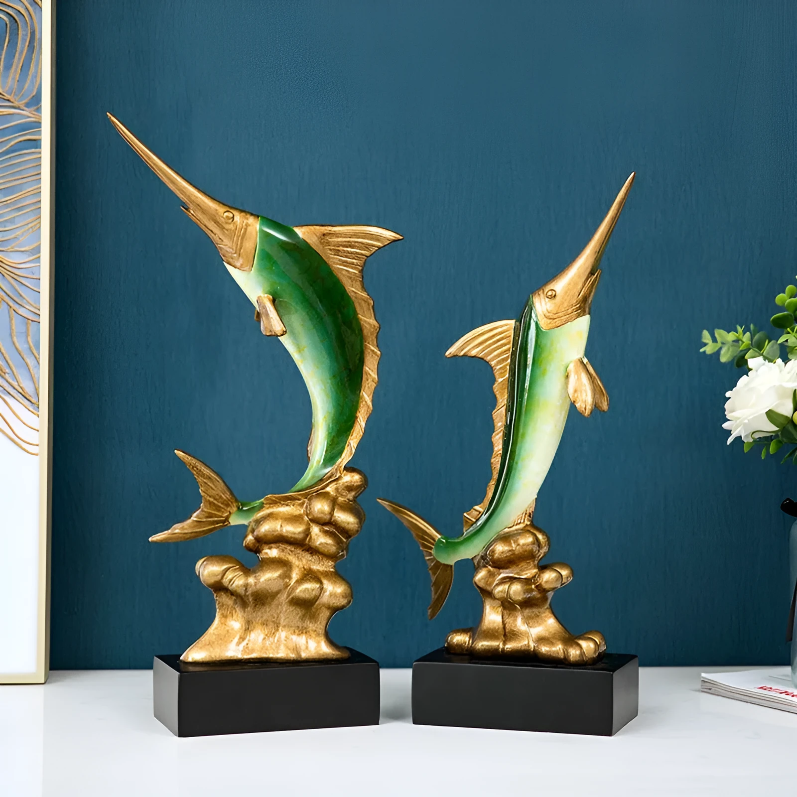 European style swordfish resin decoration in blue, green, red, or gold colour options.