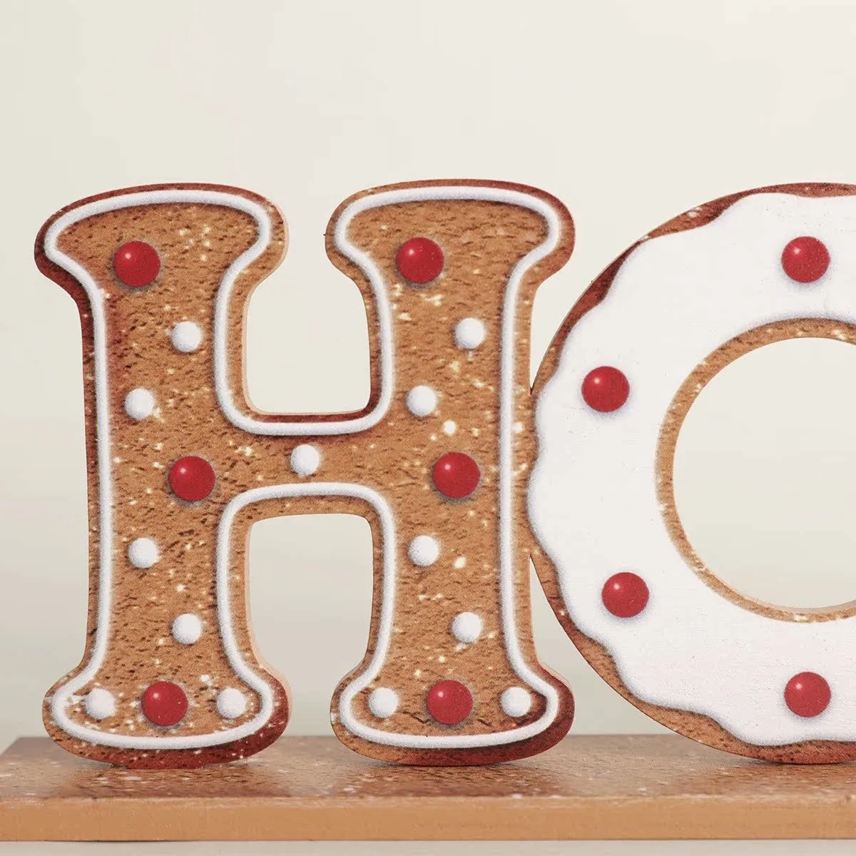 Christmas wooden letter ornament in ginger cake style with picture style colour finish for tree hanging