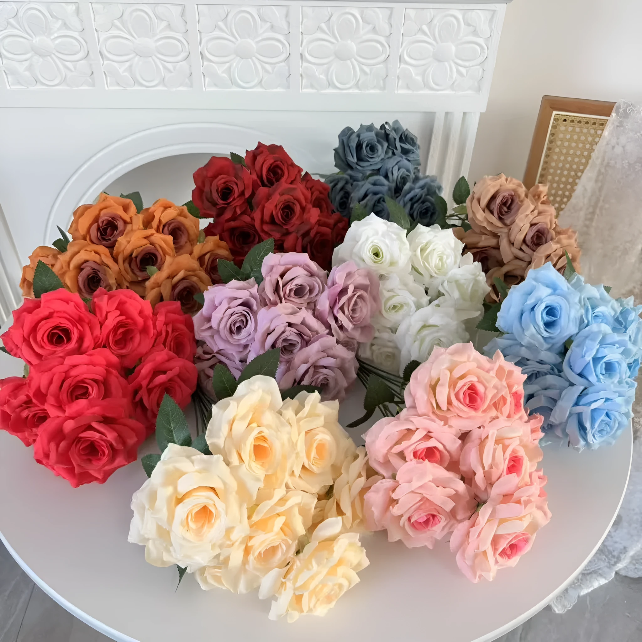 9-head artificial silk flower row in 14 colours for wedding decoration and photography props