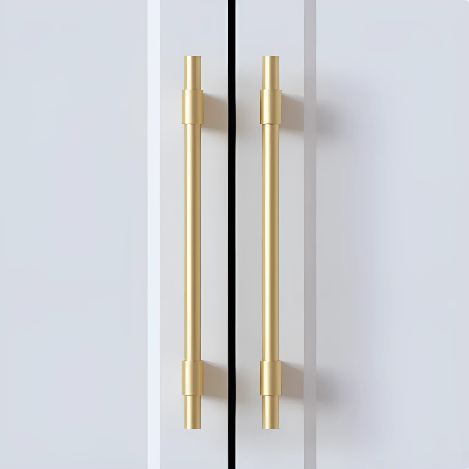 Minimalist brass drawer handle in silver finish with 128mm hole spacing for cabinet doors