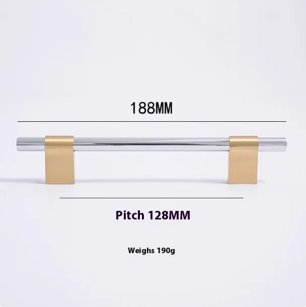 Minimalist brass drawer handle in silver finish with 128mm hole spacing for cabinet doors
